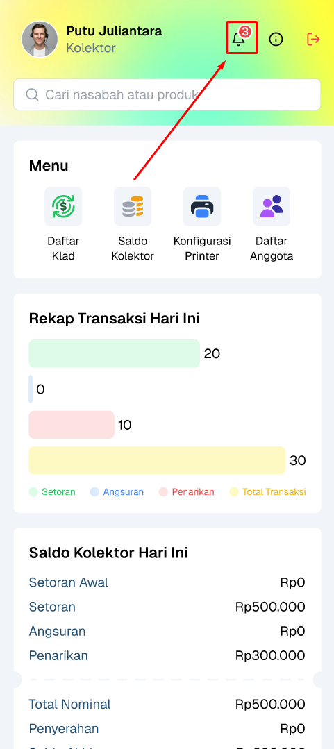 halaman notifikasi mobile kolektor